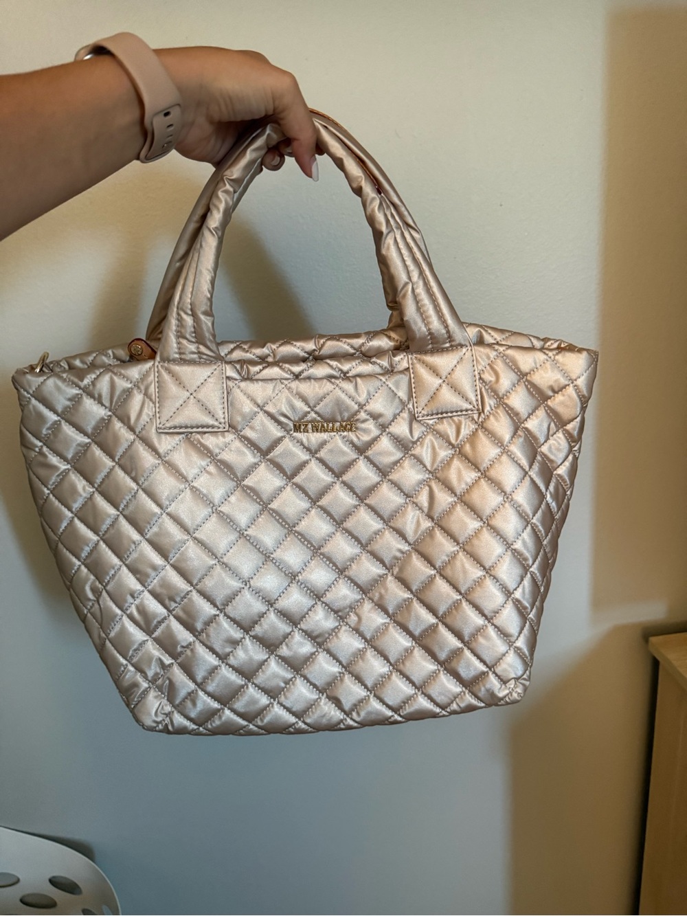 MZ Wallace Quilted Pale Rose Gold Metallic Small Metro Tote Deluxe
